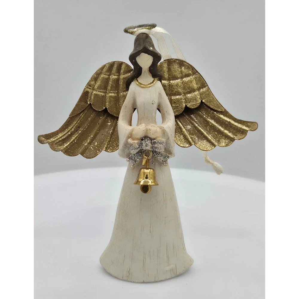 Primitive Angel Christmas Rustic Ornament 2015 Dated Gold Wings Bell Cream White